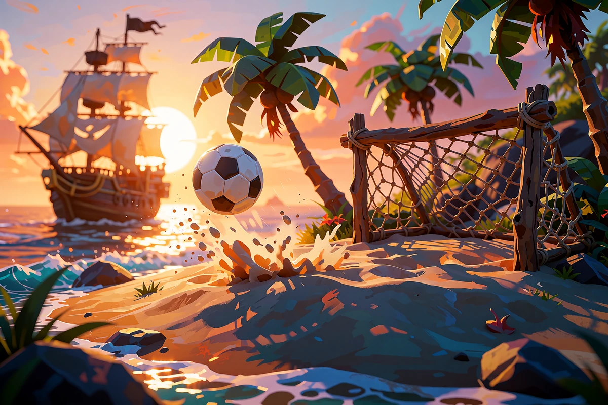 Fodbold flyver over en sandstrand med drivt&oslash;mmerm&aring;l og et piratskib p&aring; havet i solnedgang - sportsbook hos Smash Casino