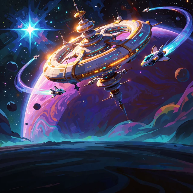 Gl&oslash;dende rumstation i kredsl&oslash;b om en violet gasplanet med skytler og lysspor - sci-fi slots