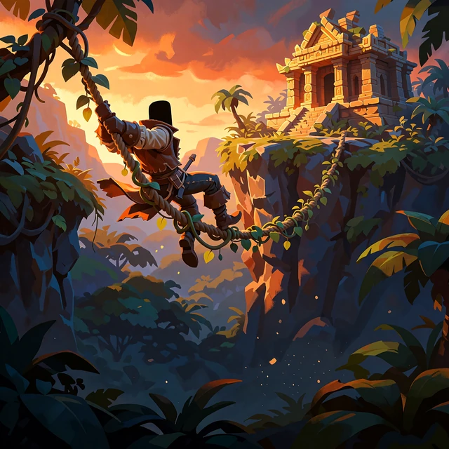 Eventyrer i l&aelig;derjakke svinger i en liane over en kl&oslash;ft mod et gyldent junglesemple - slots med filmtema