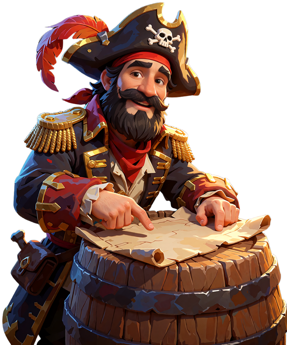 Smash Casinos venlige piratkaptajn l&aelig;ner sig p&aring; en t&oslash;nde og peger p&aring; et blankt skattekort som guide