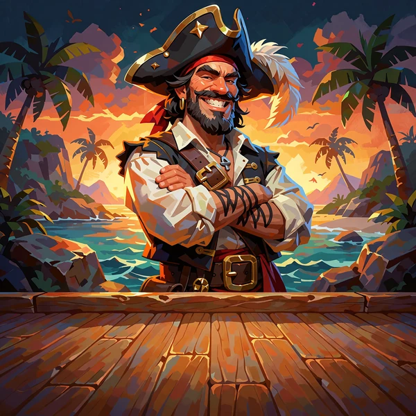 Slot-cover med grinende pirat i trekantet hat foran en bugt i solnedgang - piratslots hos Smash Casino