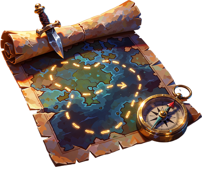 Halvt oprullet skattekort fastholdt med en dolk og et messingkompas - Map of Riches mandagsreload