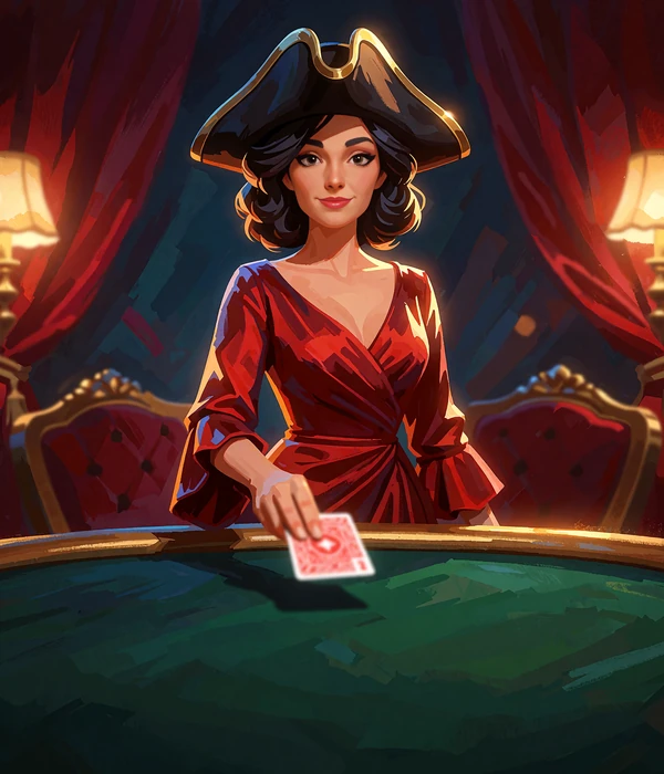 Live dealer i r&oslash;d aftenkjole og piratkhat holder et kort ved et gr&oslash;nt baccaratbord