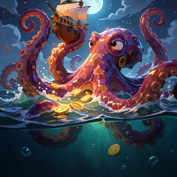 Slot-cover med en venlig lilla kraken, der omslutter et lille sejlskib i m&aring;neskin