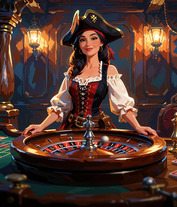 Live dealer i piratkostume ved et poleret roulettehjul i en lanterneoplyst skibskahyt