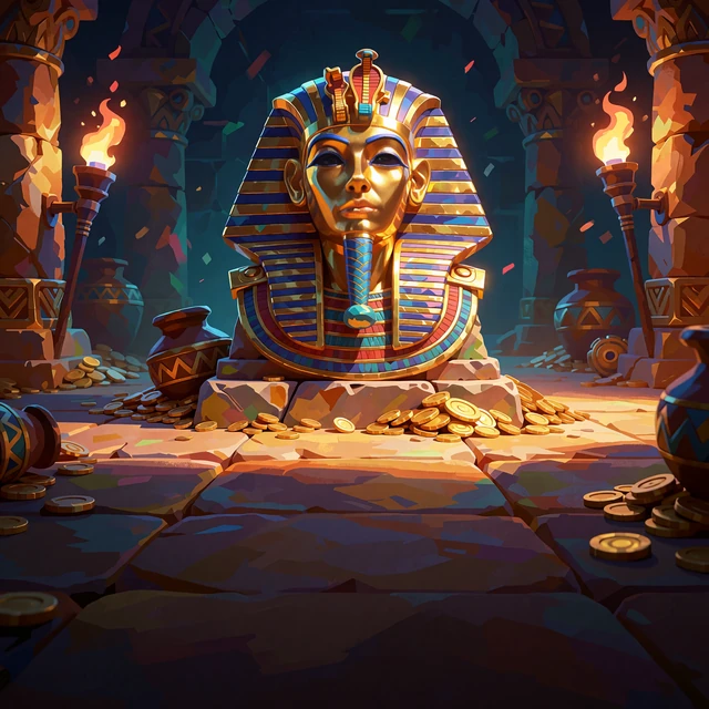 Gylden faraomaske p&aring; en stensokkel i et fakkeloplyst gravkammer - egyptiske online slots