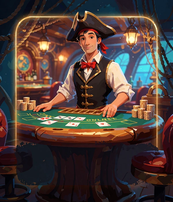 Smilende live dealer med trekantet hat og r&oslash;d butterfly ved et gr&oslash;nt blackjackbord